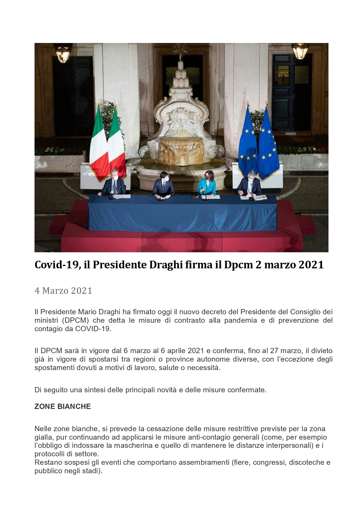 Covid-19: il Presidente Draghi firma il Dpcm 2 marzo 2021