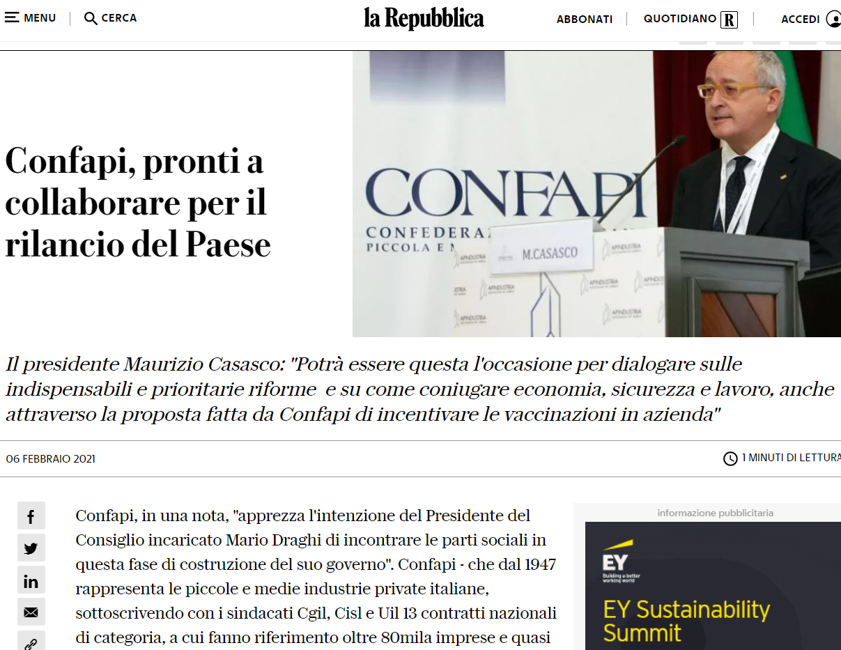 La Repubblica: Confapi, pronti a collaborare per il rilancio del Paese