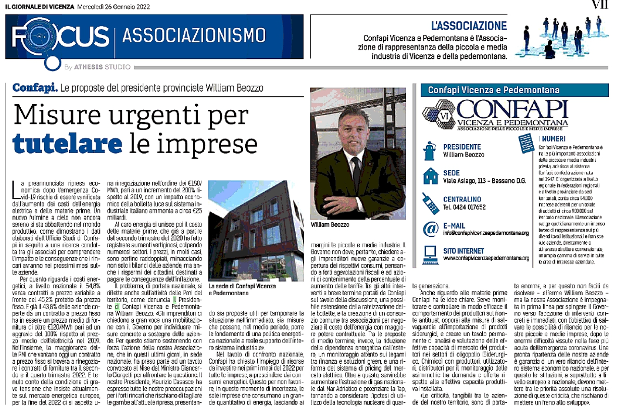 Il Giornale di Vicenza: Misure urgenti per tutelare le imprese